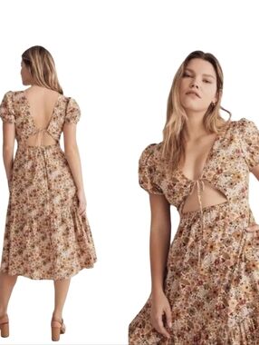 Madewell Libby  Puff-Sleeve Open-Back Midi Dress Size 2